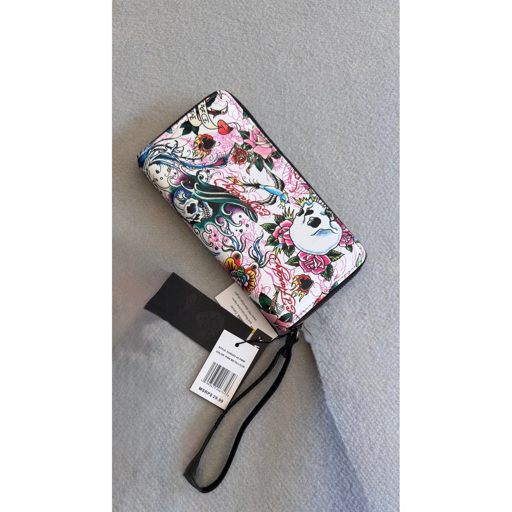 Ed Hardy Pink Metallic Tattoo Print Vegan Leather Wristlet Wallet EHW202-42-PMW